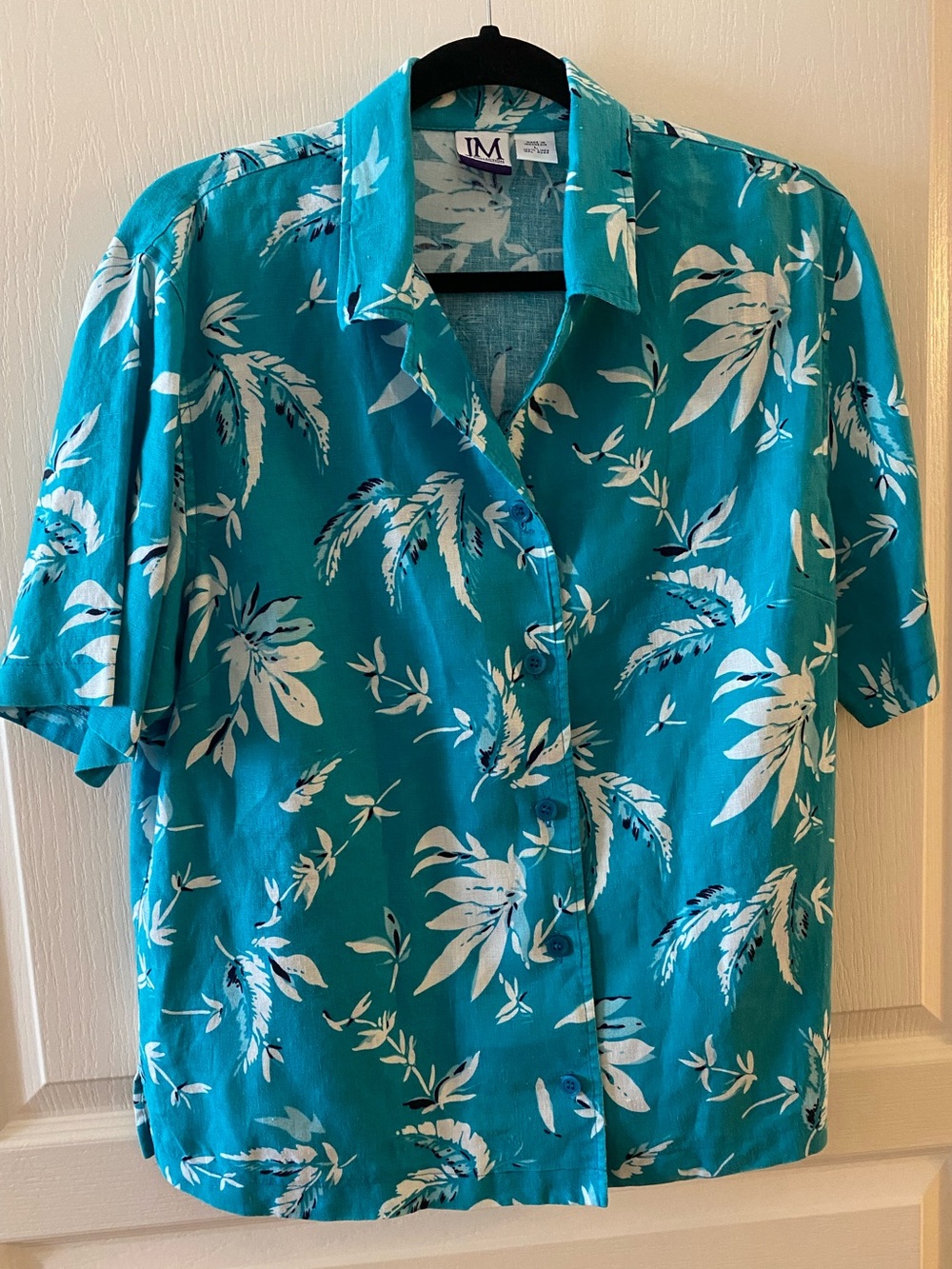 VINTAGE 100% Linen Floral Print Short Sleeve Button Down Shirt in Aqua - L